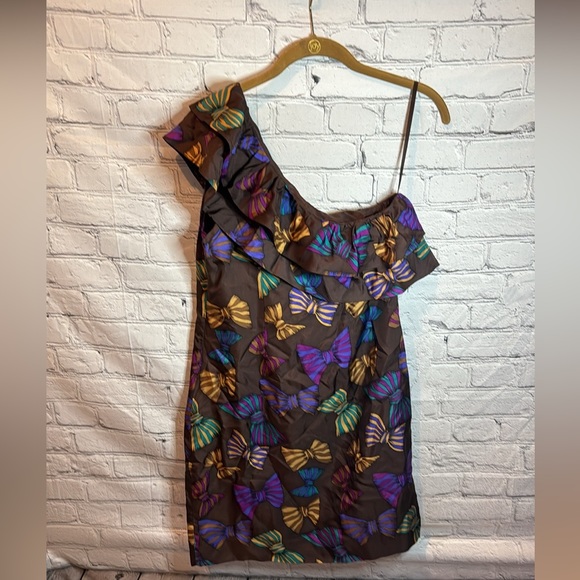 Britt Ryan Dresses & Skirts - Britt Ryan Size 4 One Shoulder 100% Silk Brown Dress with Bows & Ruffle NWOT